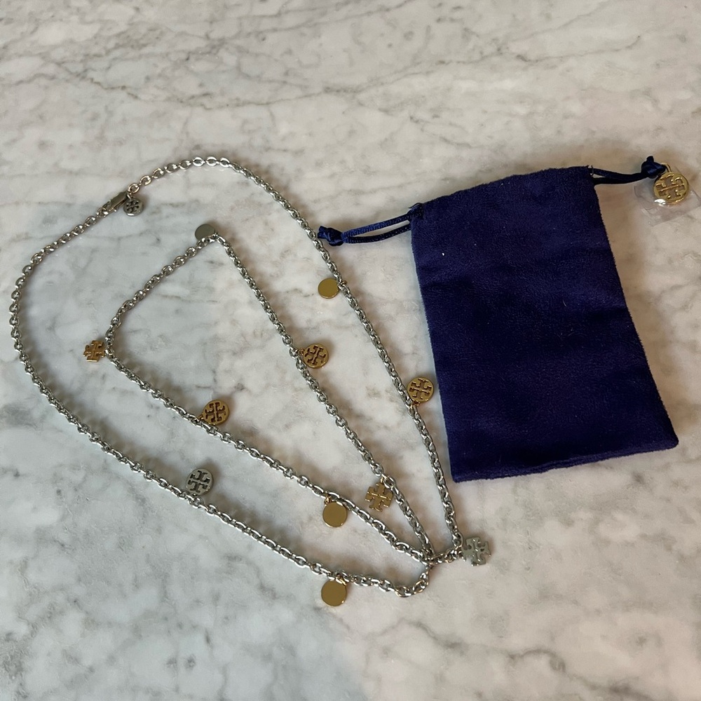 Tory Burch long double necklace silver and gold